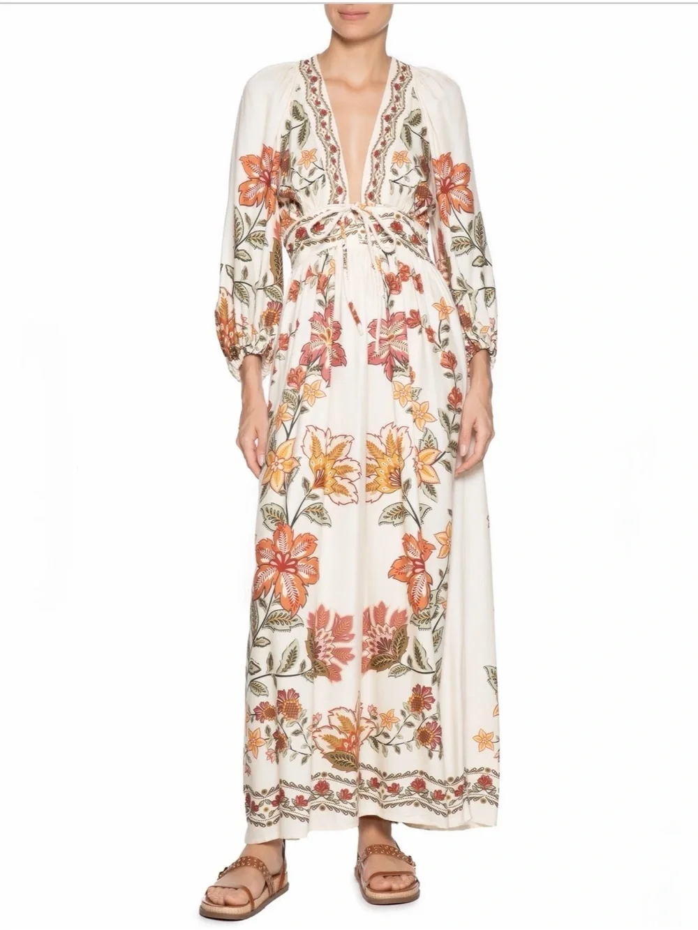 FARM Rio White Maxi Dress with Orange and Green Floral  Size S